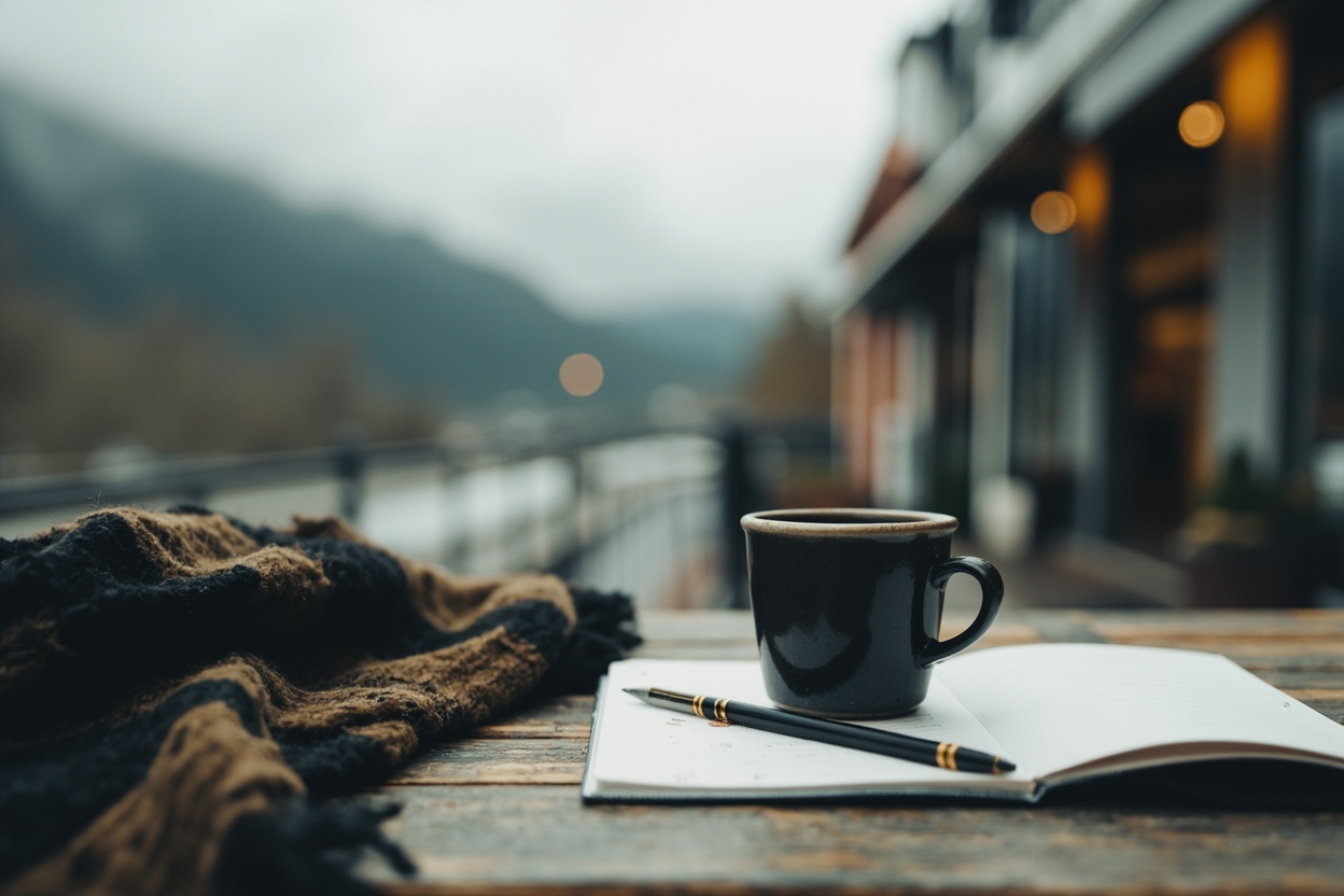 Notebook and pencil open beside a coffee mug at a rain-streaked window looking onto a wet shopping street in Whitehorse YT
