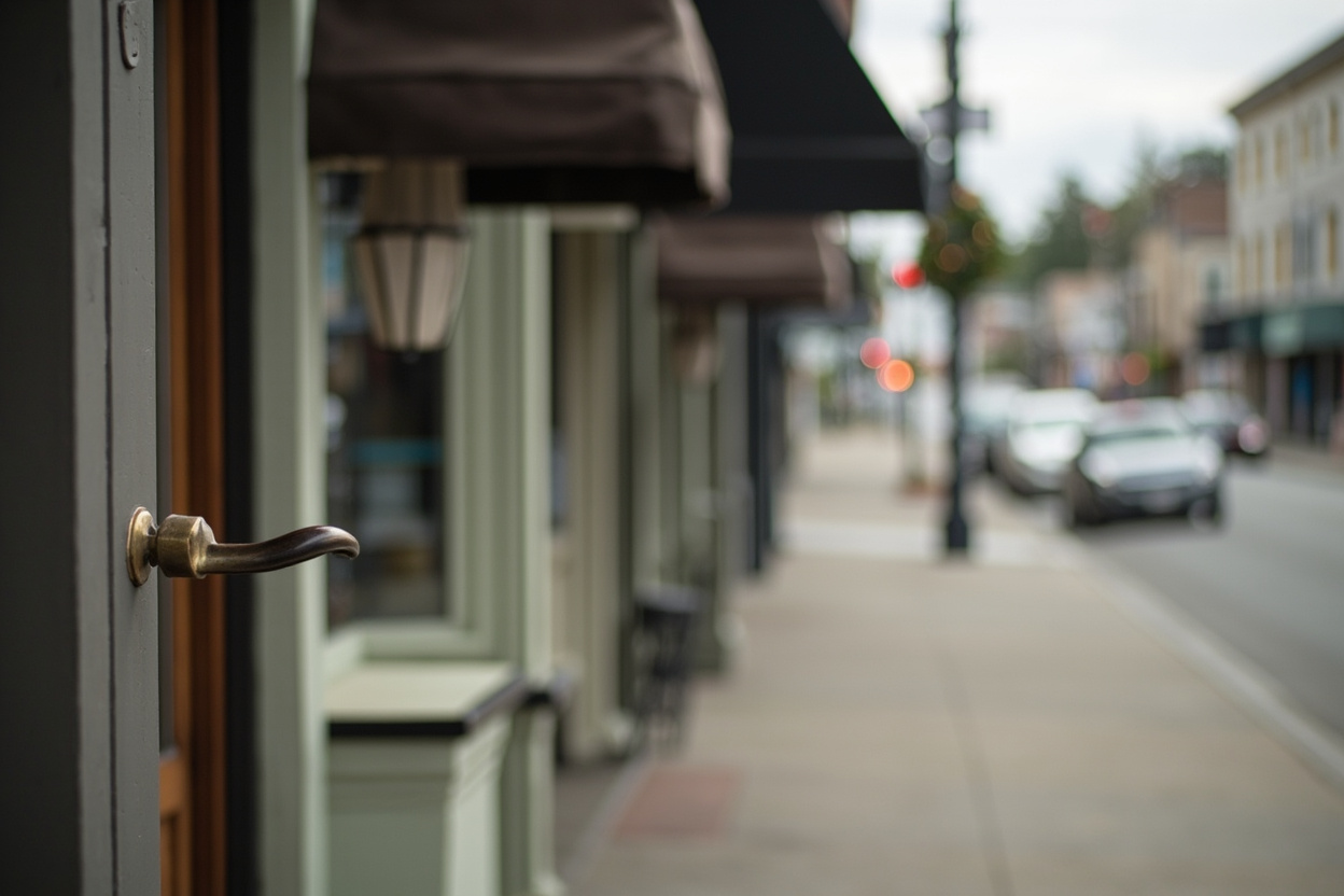 Rain beaded newspaper box on a wet kerb at first light, a row of shopfront awnings blurred behind it in Whitehorse YT